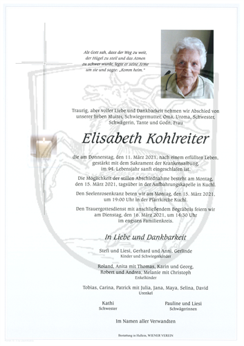 Parte Elisabeth Kohlreiter + 11.03.2021