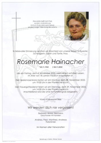 Hainacher Rosemarie + 04.11.2022
